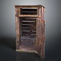 Old Worn Wooden Cabinet With Open Door And Vintage Layered Shelves