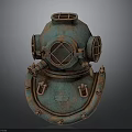 Vintage Teal Rusted Diving Helmet With Round Viewing Windows And Metal Straps