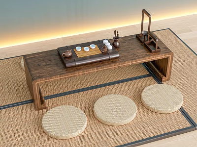 Traditional Chinese Wooden Tea Table and Chairs with Tea Set and Round Woven Stools 3d model