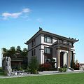 Two Story Detached Villa With Black Tiles Roof Parking Space Green Lawn And Swimming Pool