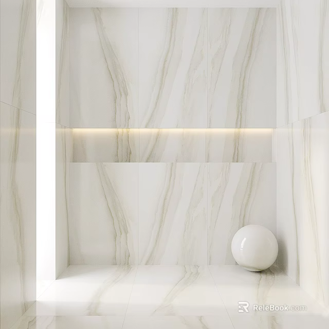 White Marble Patterned Wall With Recessed Lighting And Sphere Decor 3d model