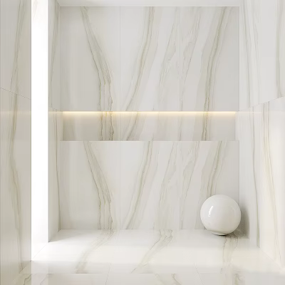 White Marble Patterned Wall With Recessed Lighting And Sphere Decor 3d model