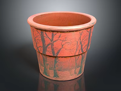 Decorative Red Flower Pot With Black Tree Patterns On Surface 3d model