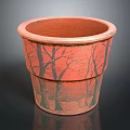 Decorative Red Flower Pot With Black Tree Patterns On Surface