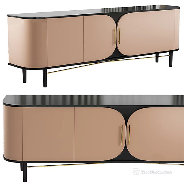 Elegant Modern Peach TV Stand With Brass Handles Black Legs And Curved Sleek Doors 3d model 