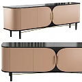Elegant Modern Peach TV Stand With Brass Handles Black Legs And Curved Sleek Doors