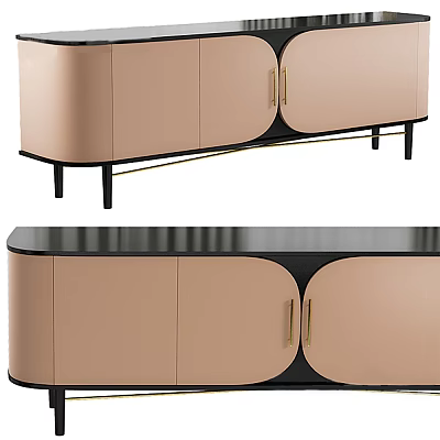 Elegant Modern Peach TV Stand With Brass Handles Black Legs And Curved Sleek Doors 3d model