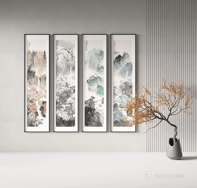 Four Panel Chinese Landscape Paintings Hanging On Wall In Modern Interior With Decorative Tree Branch 3d model 