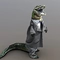 Crocodile Wearing Gray Suit And Tie Standing Upright With Open Mouth