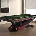 Modern Entertainment Pool Table Featuring Green Felt Surface Billiard Balls Cues And Black Red Legs