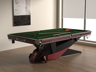 Modern Entertainment Pool Table Featuring Green Felt Surface Billiard Balls Cues And Black Red Legs 3d model