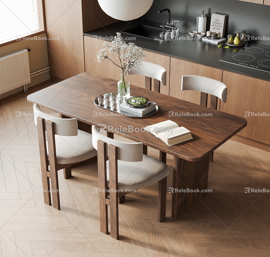 Mid-ancient dining table and chair combination dining table dining chair restaurant 3d model