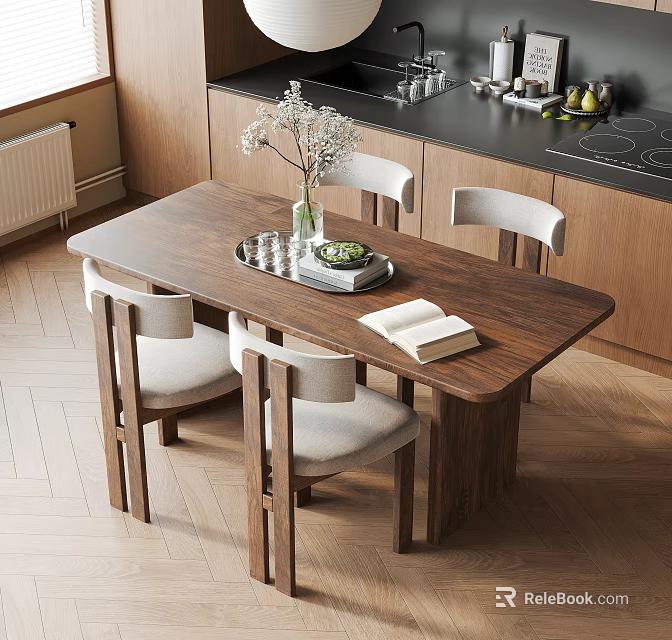 Wooden Dining Table With Four Chairs And Light Gray Cushions In Modern Kitchen Adjacent Area 3d model 