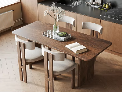 Wooden Dining Table With Four Chairs And Light Gray Cushions In Modern Kitchen Adjacent Area 3d model