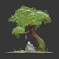 Cartoon Scene With Big Tree Green Leaves Rock Small Creature On Grass And Red Mushrooms