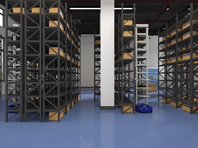 Spacious Warehouse Interior Featuring Metal Shelving Units Storage Boxes Blue Floor And Automated Robots 3d model