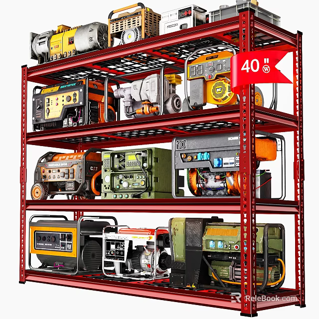 Various Engine Types Stored On Red Metal Shelving Racks 3d model