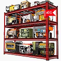Various Engine Types Stored On Red Metal Shelving Racks 3d model