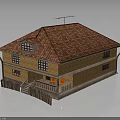 Wooden House Exterior With Red Tiled Roof Windows And Balcony Stairs