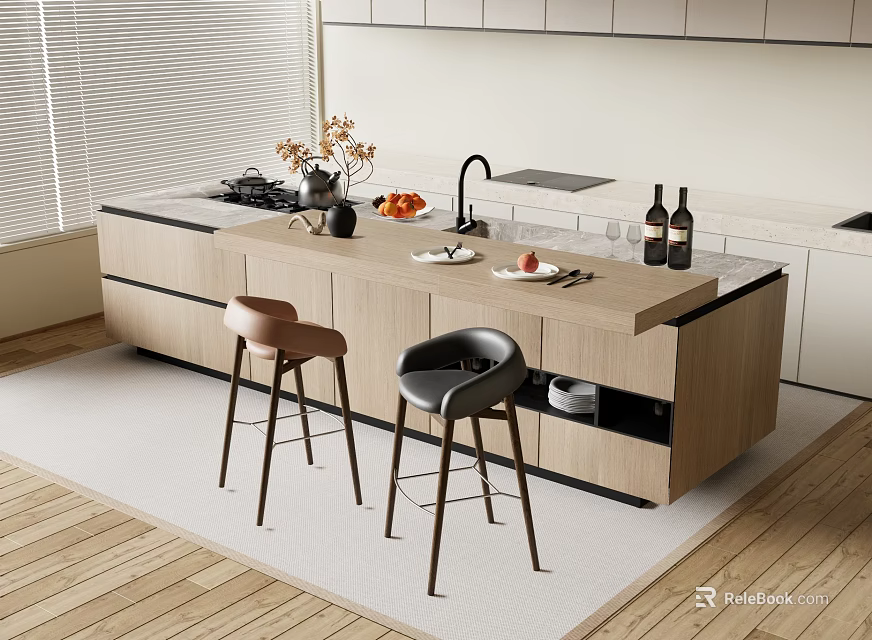 Modern Wooden Bar Counter With Marble Top Stools Fruits Wine Glasses Wine Bottles And Faucet 3d model 