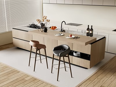 Modern Wooden Bar Counter With Marble Top Stools Fruits Wine Glasses Wine Bottles And Faucet 3d model