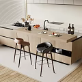 Modern Wooden Bar Counter With Marble Top Stools Fruits Wine Glasses Wine Bottles And Faucet