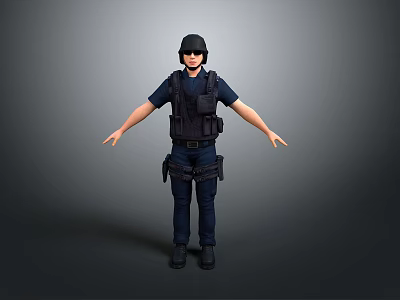 Tactical Police Game Movie Character In Dark Blue Uniform With Tactical Vest And Helmet 3d model