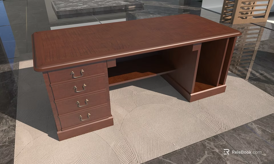 Brown Wooden Office Desk With Drawers Metal Handles And Open Storage Space 3d model 