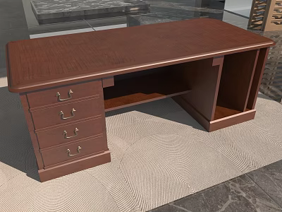 Brown Wooden Office Desk With Drawers Metal Handles And Open Storage Space 3d model