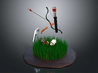 Traditional Hunting Weapons Including Bow Arrows And Axe With Skull On Green Grass 3d model
