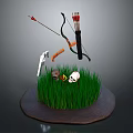 Traditional Hunting Weapons Including Bow Arrows And Axe With Skull On Green Grass