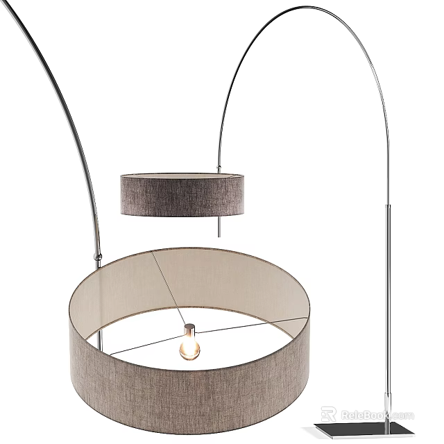 Modern Minimalist Floor Lamp With Curved Metal Stand And Round Fabric Shade Design 3d model 
