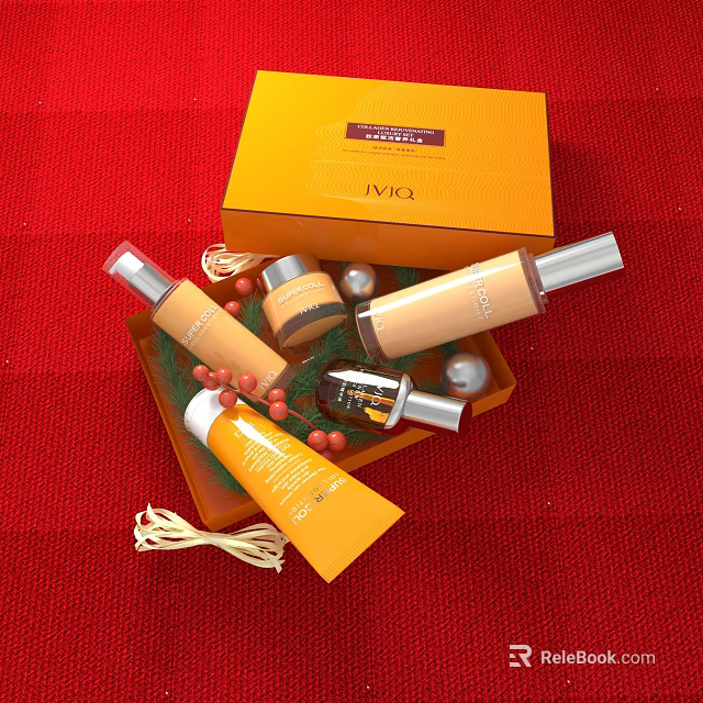 INICA Perfume Cosmetics Collection With Orange Packaging Red Background And Skincare Products 3d model 