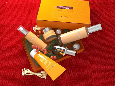 INICA Perfume Cosmetics Collection With Orange Packaging Red Background And Skincare Products 3d model
