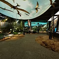Interactive Museum Exhibit Area With Hanging Pterosaur Models Dinosaur Murals And Soft Lighting 3d model