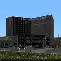 Modern Multi Story School Building with Large Windows Parking Lot Cars Greenery Flowers Blue Sky