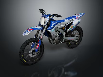 Off Road Dirt Bike in Blue and White with Vibrant Graphics on Dark Backdrop 3d model