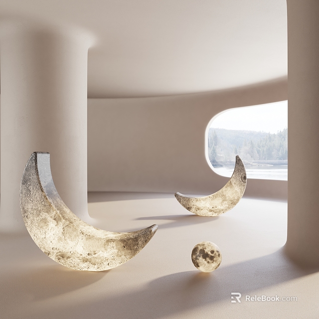 Crescent Shaped Floor Lamps in Modern Minimalist Interior with Small Sphere and Natural View 3d model 