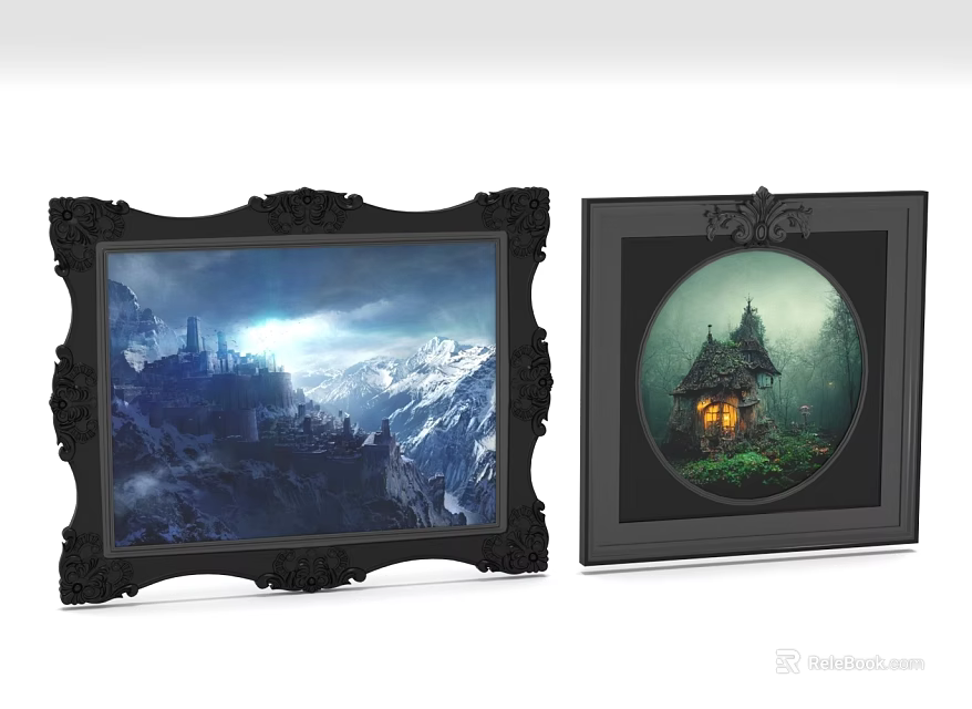 Black Ornate Framed Wall Art With Snowy Mountain Castle And Circular Forest Cottage Scene 3d model 