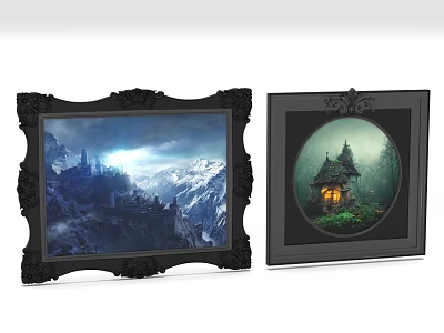 Black Ornate Framed Wall Art With Snowy Mountain Castle And Circular Forest Cottage Scene 3d model