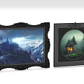 Black Ornate Framed Wall Art With Snowy Mountain Castle And Circular Forest Cottage Scene