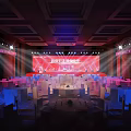 Interactive Area Corridor With Red Backdrop White Tablecloth Tables And Wavy Pattern Carpet 3d model