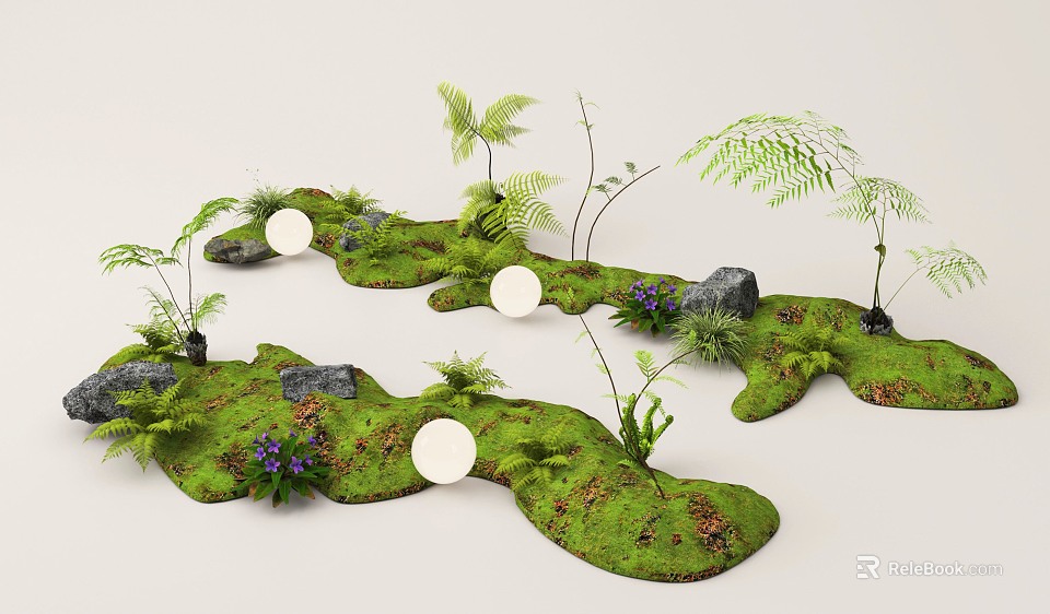 Garden Ornamental Design with Lush Moss Ferns Stones and White Circular Accents 3d model 