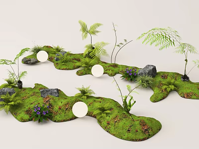Garden Ornamental Design with Lush Moss Ferns Stones and White Circular Accents 3d model