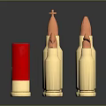 Weapon Ammunition Collection with Golden Bullets of Various Sizes and Red Cylinder