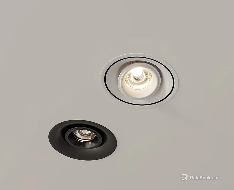 White And Black Recessed Downlights Illuminated On Ceiling Surface 3d model