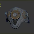 Futuristic Weapon Helmet in Silver and Gold with Metallic Texture Central Circular Dial and Side Components