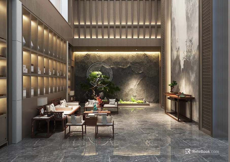 Modern Front Desk Reception Lobby With Comfortable Sofa Coffee Table Decorative Plant Elegant Feature Wall 3d model