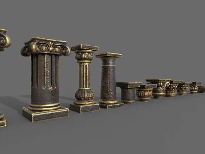 Classical Roman Columns with Ornate Carvings and Various Decorative Capitals in 3d model