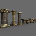 Classical Roman Columns with Ornate Carvings and Various Decorative Capitals in